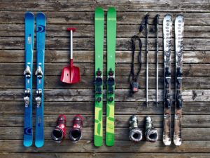 Skiing equipment on wood